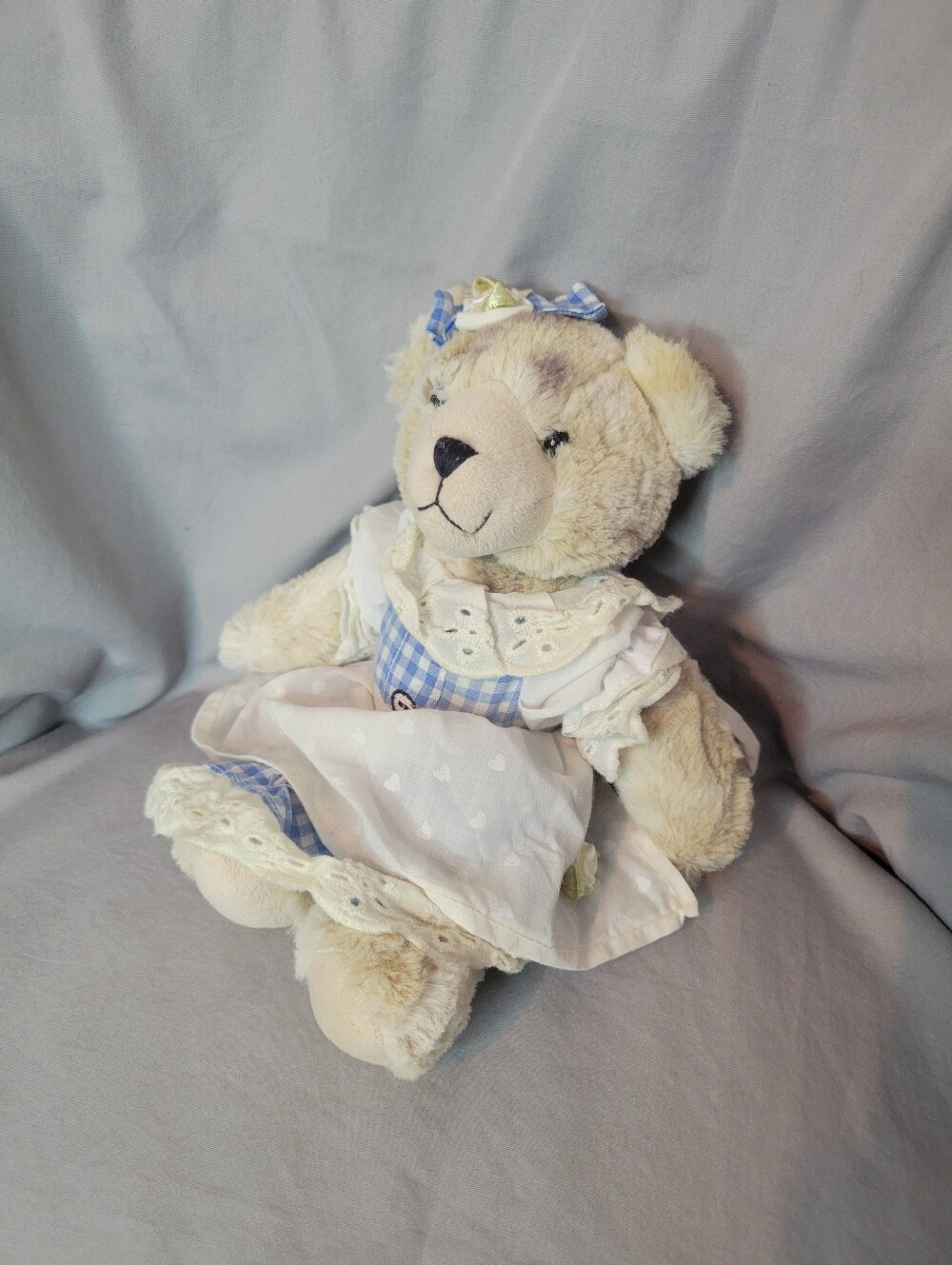 Cream Plush Teddy Bear with Blue Gingham Dress